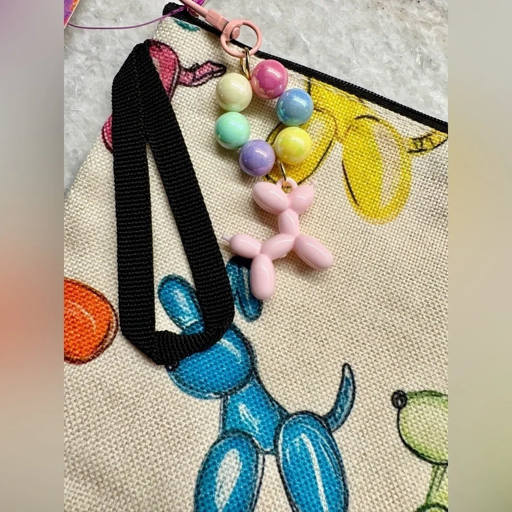 New Colorful Balloon Dog Makeup Tech Pencil Zippered Bag Pouch w/ Charm - 10.5”